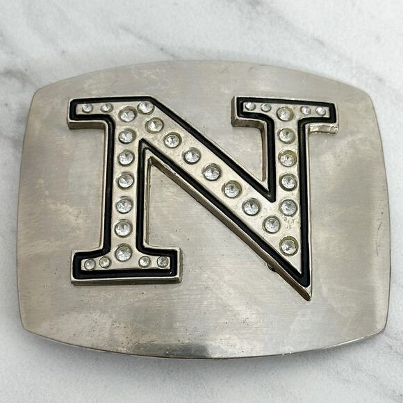 Rhinestone Studded N Letter Initial Monogram Silver Tone Belt Buckle - Picture 8 of 14